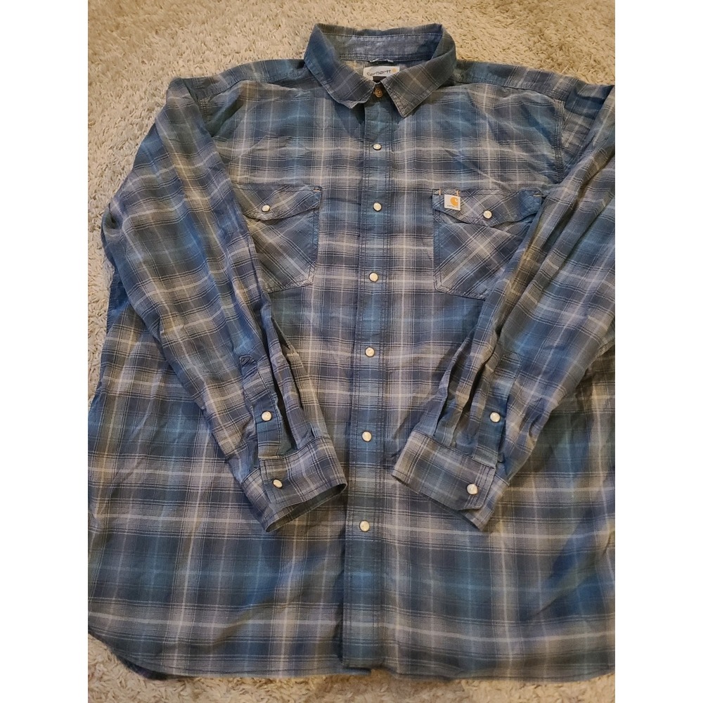 Carhartt Pearl Snap Blue Relaxed Fit Flannel Shirt 2XL Long Sleeve